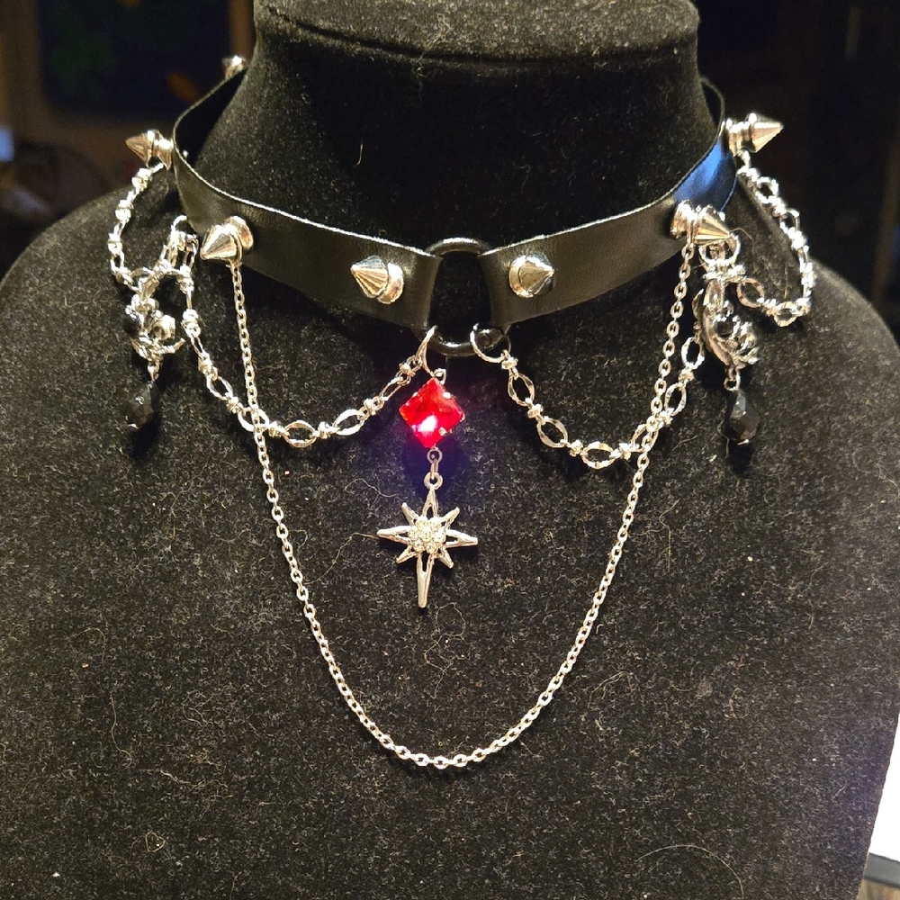 Gothic Black and Silver Choker Necklace with Red Accent